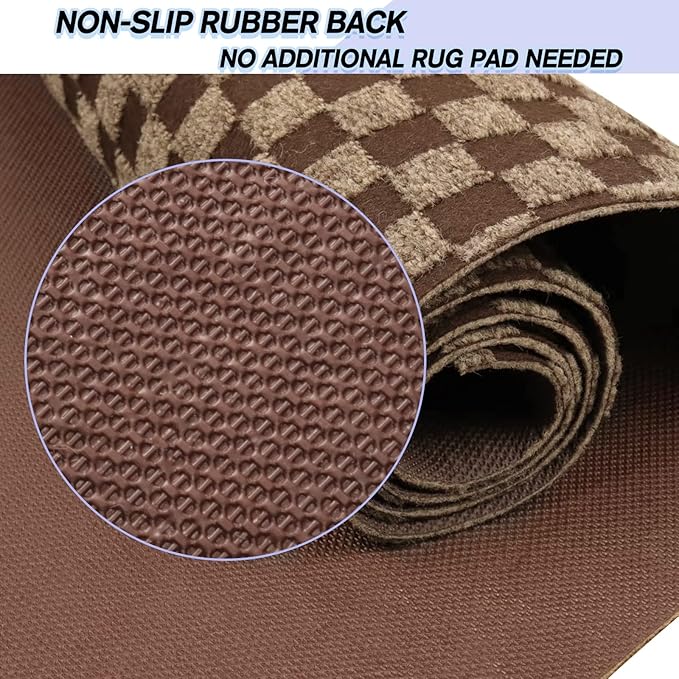 Custom Size Backed Non-Slip Area Rugs Runner, Easy Clean, Waterproof Runner Rugs for Hallway Entryway, Kitchen, Laundry, 4FT x 55FT, Brown Checkered