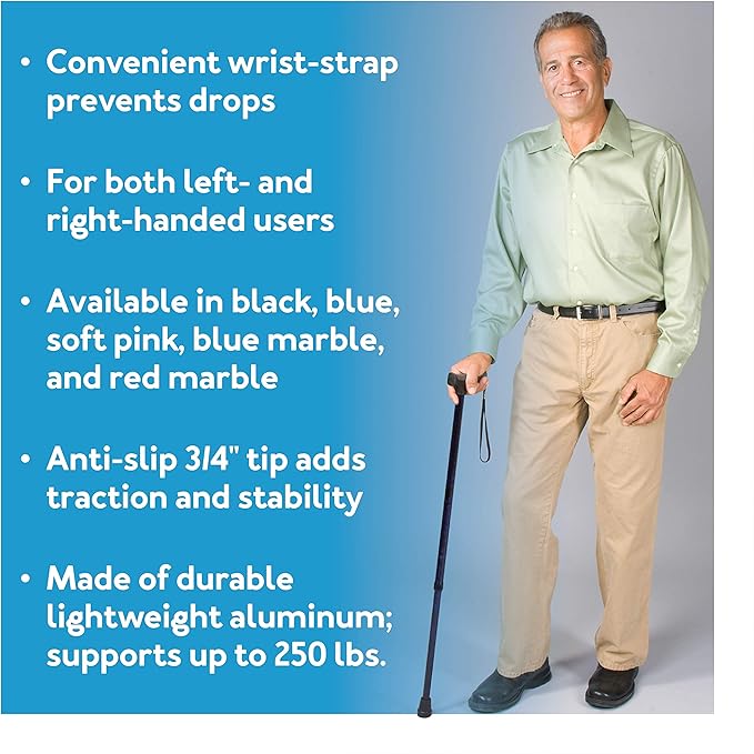 Carex Soft Grip Walking Cane with Strap, Anti-Slip Walking Cane for Easy Maneuvering, Walk Stick for Seniors & Adults with Added Support and Adjustable for Balance, Supports up to 250 lbs, Blue