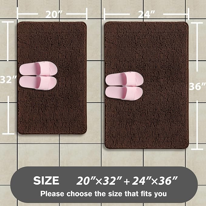 Brown Bathroom Rugs Sets 2 Piece – Absorbent and Washable Bath Mat, Non-Slip, Thick Soft Chenille Bath Rugs for Bathroom Floor, Shower, Sink - 20" x 32"+24" x 36"