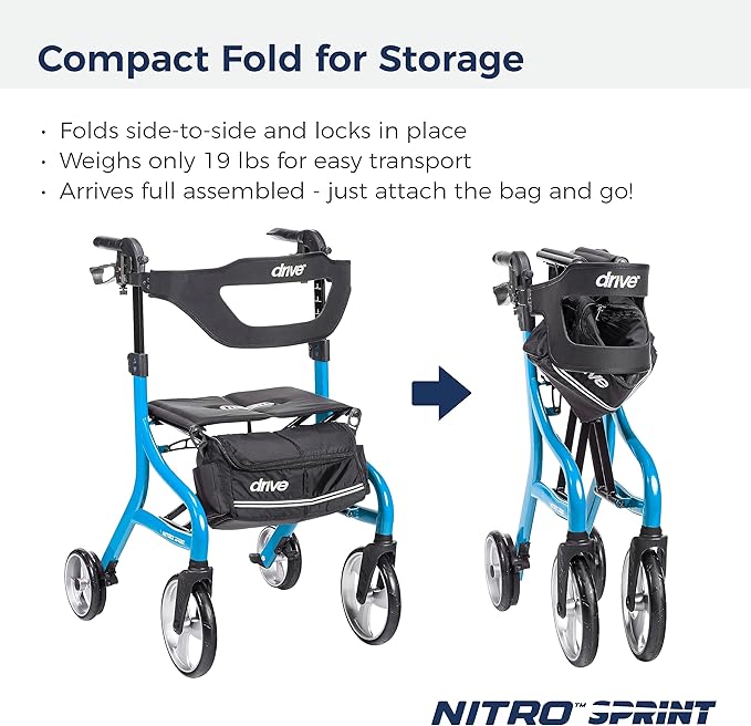 Drive Medical Nitro Sprint Foldable Rollator Walker with Seat, Tall Height Lightweight Rollator with Large Wheels, Folding Rollator, Four Wheel Rolling Walker, Blue