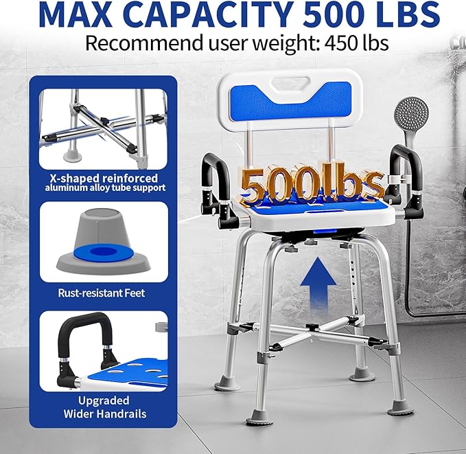 360° Swivel Shower Chair with Arms and Back, Heavy Duty 500 lbs Bariatric Bath Bench for Seniors Elderly Disabled Adults, Upgraded Adjustable Height Shower Stool for Inside Shower Stall