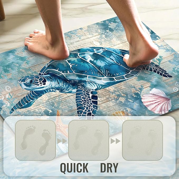 Quick Dry Bath Mat for Bathroom,Super Absorbent Turtle Bath Rug Non-Slip Rubber Backing,Machine Washable Bathroom Floor Mat for Shower, Tub, Sink Area Beach Seashell Ocean Blue (16"x24"+30"x20")