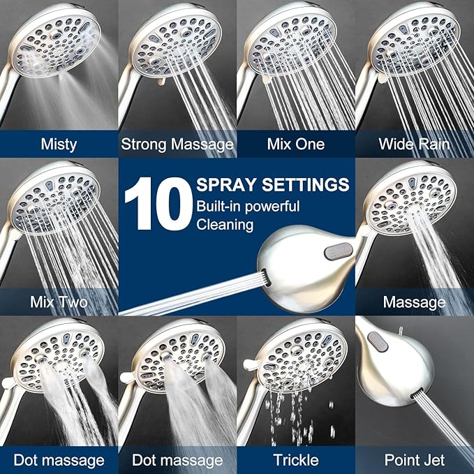 Shower Head Handheld with All Metal Holder,10-mode Hand held Showerhead Built-in Power Wash & Extra Long 72 Inch Hose,Low Flow Water Saver Brushed Nickel 1.8 GPM