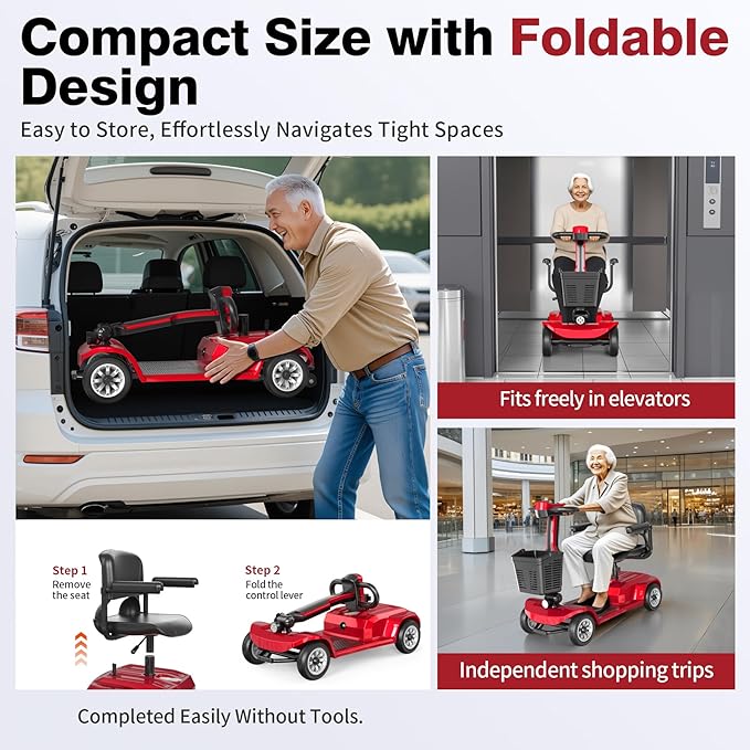 Mobility Scooter for Seniors, Red,420 lbs Capacity -12.4 Miles Range 4 Wheel Electric Scooter with Seat, 20° Hill Climb, 300W Motor, Easy to Operate and Foldable