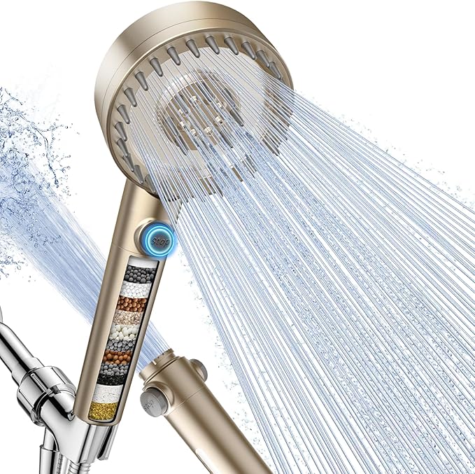 PWERAN Filtered Shower Head with Handheld, High Pressure 4 Spray Mode Showerhead with Filters, Water Softener Beads for Hard Water with ON/OFF Switch for Pets - Remove Chlorine (Golden, 5 Inch Panel)