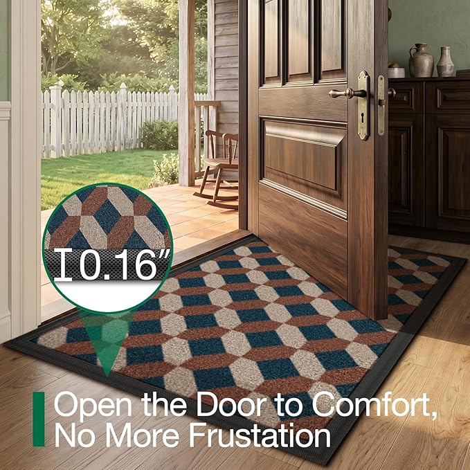 LUMI Front Door Mat 30x48, Low-Profile Non-Slip Welcome Mat for Indoor Outdoor, Stain & Fade Resistant Geometric Door Mat for Entryway Patio Porch, Geo-Navy