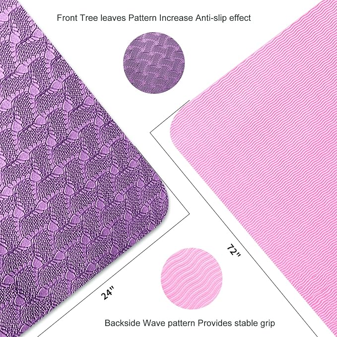Yoga Mat 1/3" (8mm) Thick Non-Slip, Women Men Fitness & Exercise Mat, 72"Lx24"W Eco-Friendly TPE Workout Mat with Carrying Strap for Yoga, Pilates, Home Gym, Floor Exercises