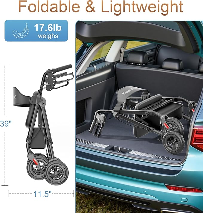 SOUNDFUSE Rollator Walkers for Seniors with Seat, Foldable Lightweight Rolling Walker with 8" Big PU Wheels, Ergonomic Seat, Dual Height Adjustment