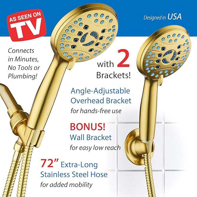 AquaCare High Pressure 8-mode Handheld Shower Head - Anti-clog Nozzles, Built-in Power Wash to Clean Tub, Tile & Pets, Extra Long 6 ft. Stainless Steel Hose, Wall & Overhead Brackets