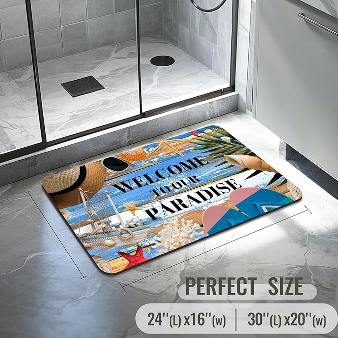 Quick Dry Bath Mat for Bathroom,Super Absorbent Beach Welcome Bath Rug Non-Slip Rubber Backing,Machine Washable Bathroom Floor Mat for Shower, Tub, Sink Area Wooden Board Ocean Blue 16x24