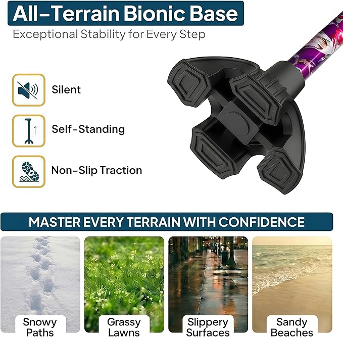 Walking Cane with LED Light, Foldable,Adjustable, Self Standing Walking Canes for Men & Women,Walking Sticks with Quad Base for Seniors & Adults