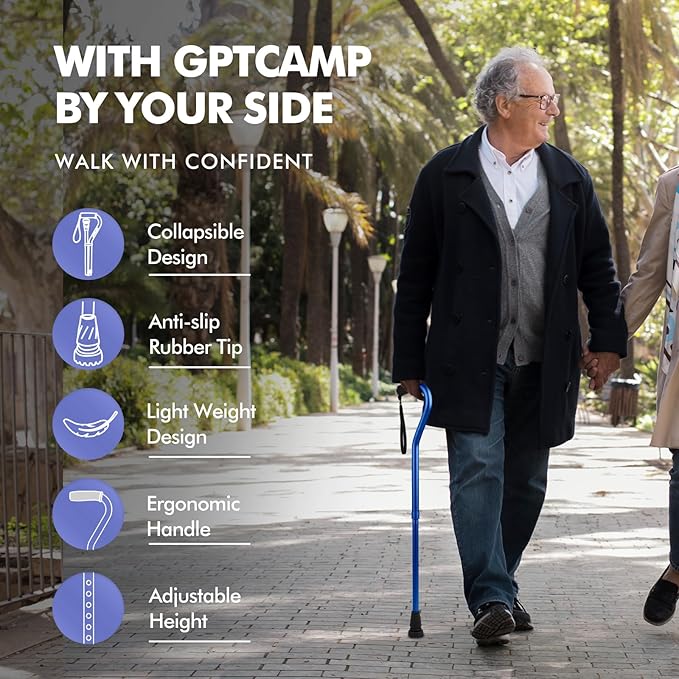 GPTCAMP Walking Cane and Walking Stick for Men Women,Lightweight Folding Canes with Offset Soft Cushioned Handle,Adjustable & Collapsible,Mobility & Leg Surgery Recovery
