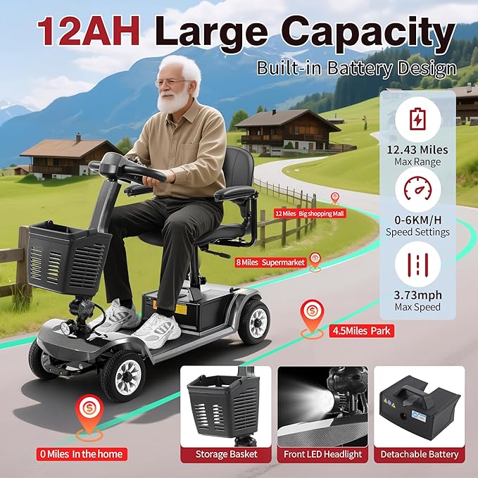 Easy-to-Operate Mobility Scooter for Seniors, 418 lb Weight Capacity, 20KM Long Range, 5-Step Quick Assembly & Folding, FDA Registered