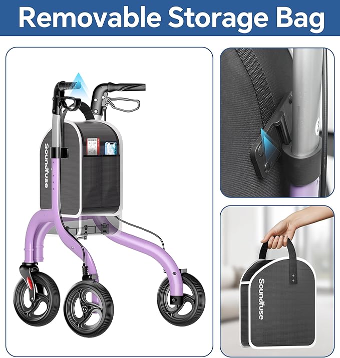 SOUNDFUSE 3 Wheel Walkers for Seniors, Lightweight Foldable Aluminum Rollator Walker, Height Adjustable Three Wheel Walker, Purple