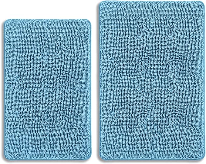 Sky Blue Bathroom Rugs Sets 2 Piece – Absorbent and Washable Bath Mat, Non-Slip, Thick Soft Chenille Bath Rugs for Bathroom Floor, Shower, Sink - 20" x 32"+24" x 36"