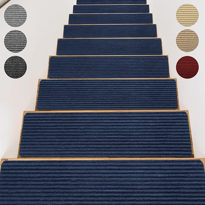 Stair Treads for Wooden Steps - Non Slip Stairs Carpet Tape Peel and Stick with Double Adhesive Tape Set of 15 Stripe- Dark Blue
