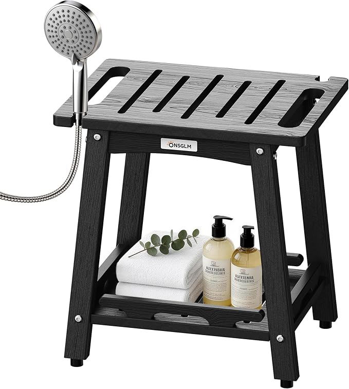 Shower Bench Seat, Non-Slip Shower Benches for Inside Shower to Sit on, HDPE Waterproof Shower Stool for Shaving Legs, Shower Chair with Adjustable Feet for Bathroom, Indoor/Outdoor Use, Black