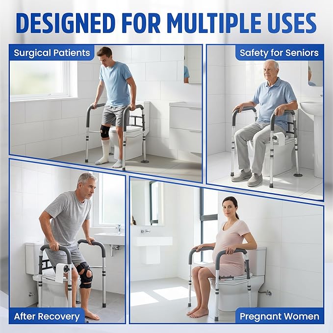 Toilet Safety Rails for Seniors 350lb, Adjustable Height & Width Toilet Bars for Elderly | Foldable Non-Slip Handicapped Toilet Safety Frame, Reinforced 2 C-Clamp Stability – Fits Most Toilets