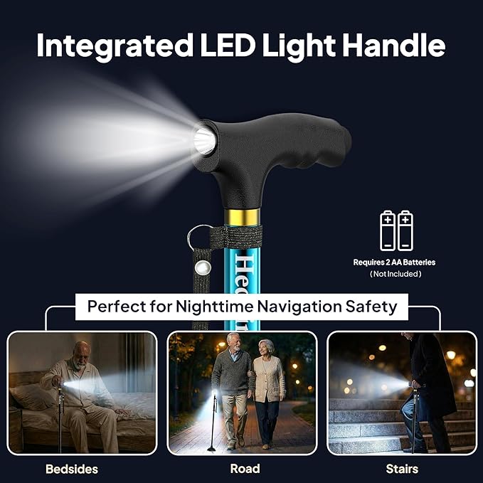 Walking Cane with LED Light, Foldable,Adjustable, Self Standing Walking Canes for Men & Women,Walking Sticks with Quad Base for Seniors & Adults