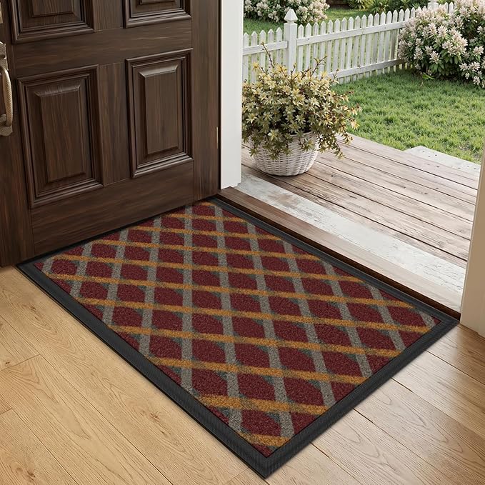 LUMI Front Door Mat 17x30, Low-Profile Non-Slip Welcome Mat for Indoor Outdoor, Stain & Fade Resistant Geometric Door Mat for Entryway Patio Porch, Weave-Rust