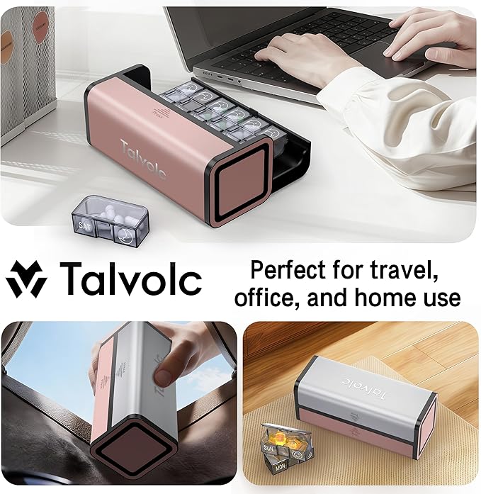 Pill Organizer 7 Day AM PM, Discreet 2 Times a Day Weekly Pill Box with Double Protection Shell, Large Capacity Portable Vitamin Case for Travel Meds & Medicine Organizer (Silver and Pink)