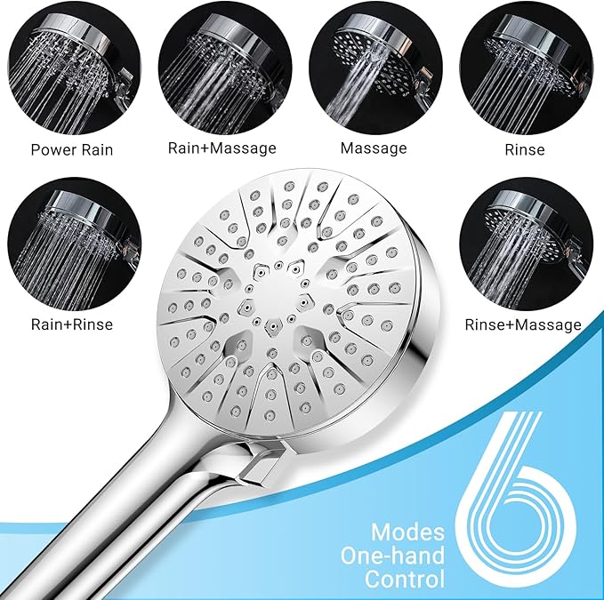 6-Mode Shower Head with Handheld, High Pressure Handheld Shower Heads, Detachable Showerhead 71" Extra Long Stainless Steel Hose Adjustable Brass Joint Holder for Bathroom Upgrade Chrome