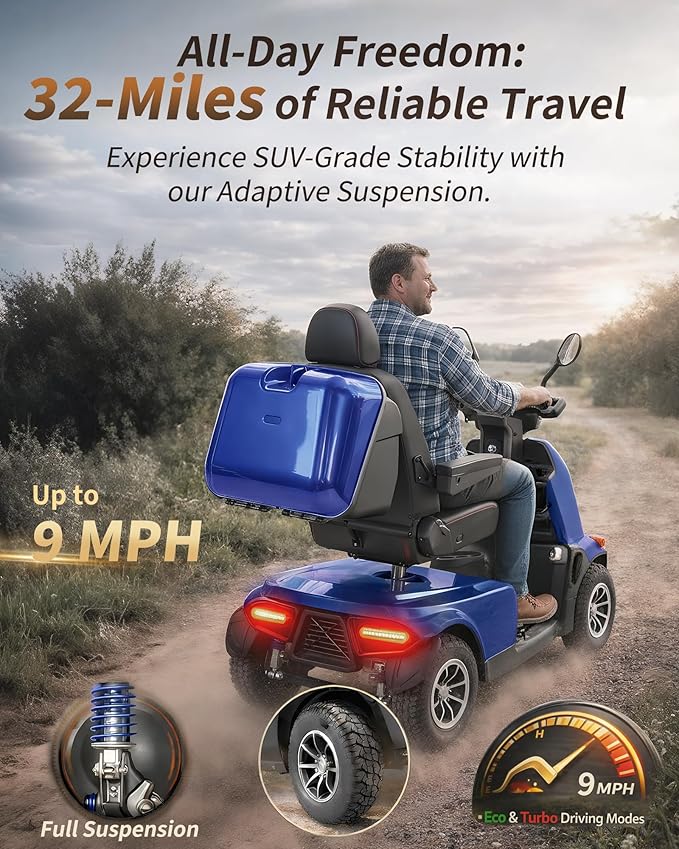 Ecomobi All-Terrain Heavy Duty Mobility Scooter for Seniors & Adults, 1000W Powerful Motor, 550 lbs Weight Capacity, 32 Mile Extended Range, 9 MPH, 13” Pneumatic Tires, Full Suspension, FDA Cleared