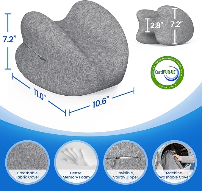 Knee Pillow for Side Sleepers, High-Density Memory Foam Leg Pillow for Side Sleeping, Heart-Shaped Design for Knees, Hips & Spinal Alignment, Grey