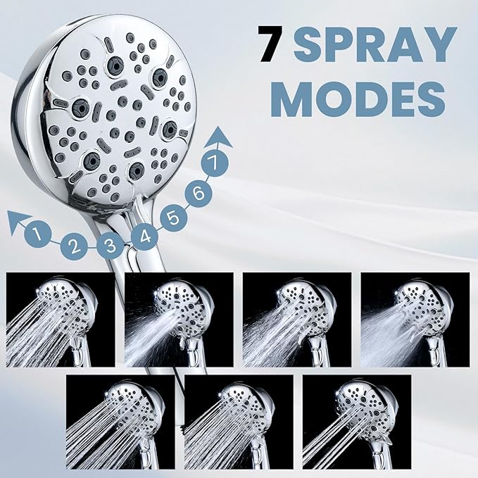 Hand Held Shower Head with 79 Inches Extra Long Hose,7 Modes Detachable Shower Wand with ON OFF Switch,High Pressure Handheld Shower Head with Built in Shower Sprayer,Shower Brackect,Chrome