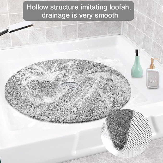 Shower Mat Non Slip, Round Shower Mat for Inside Shower, Non Slip Bathtub Mat, Fast Drying Bath Tub Mats, Loofah Mat for Shower Bathroom, Quick Drying, Resistant (Grey, 24 x 24 Inch)