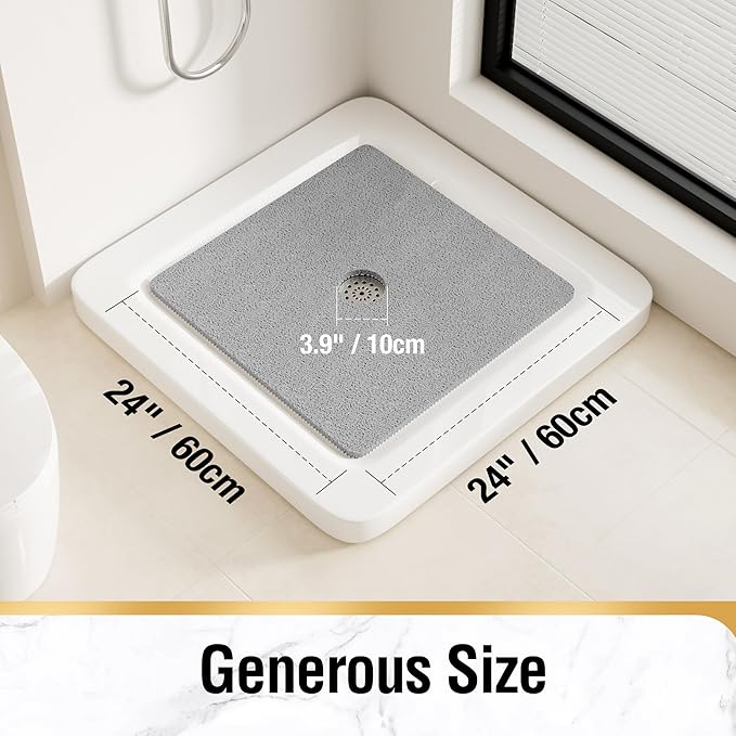 HITSLAM Shower Mat, 24 x 24inch Non Slip Bath Mat for Tub, Soft PVC Loofah Bathtub Mats with Drain Holes, Quick Drying Bathroom Stall Floor Mat, Bathroom Accessories Without Suction Cup, Grey 2 Pack