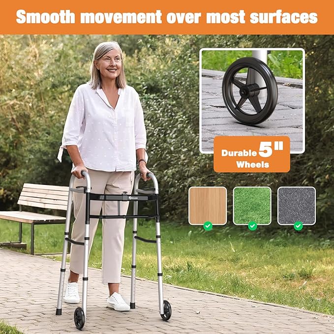 WHLICKS Folding Walkers for Seniors, Lightweight Aluminum Walker with 5'' Front Wheels and 2 Skis, Height Adjustable Standard Walker for Elderly and Disabled, Stable Frame up to 350 lbs