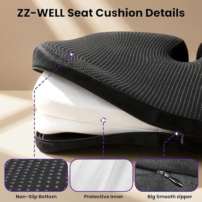 ZZ-WELL Seat Cushions for Office Chairs - Patented Coccyx Cushion for Tailbone Pain - 21.2" W x 16.5" L Memory Foam Extra Large Seat Cushion, Removable & Machine Washable Cover (Black)