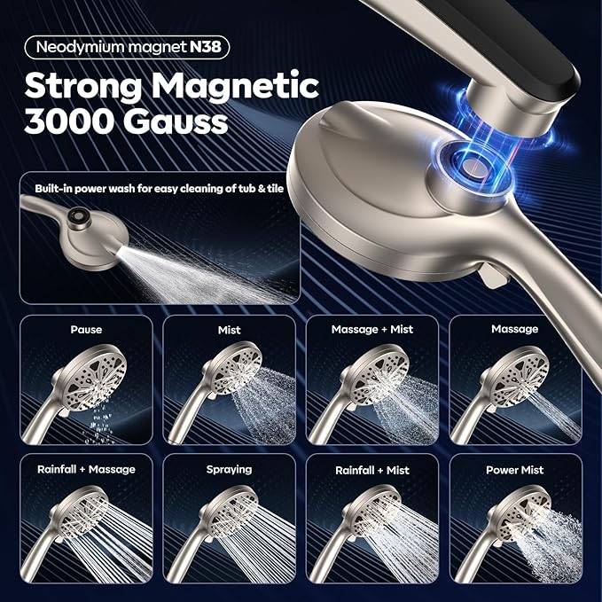 Shower Head with filtered Handheld High Pressure daul Shower Heads with Handheld Spray Combo and 10 Sprays Handheld Shower Head Detachable Shower head Built-in Magnetic Docking and Power Jets Nickel