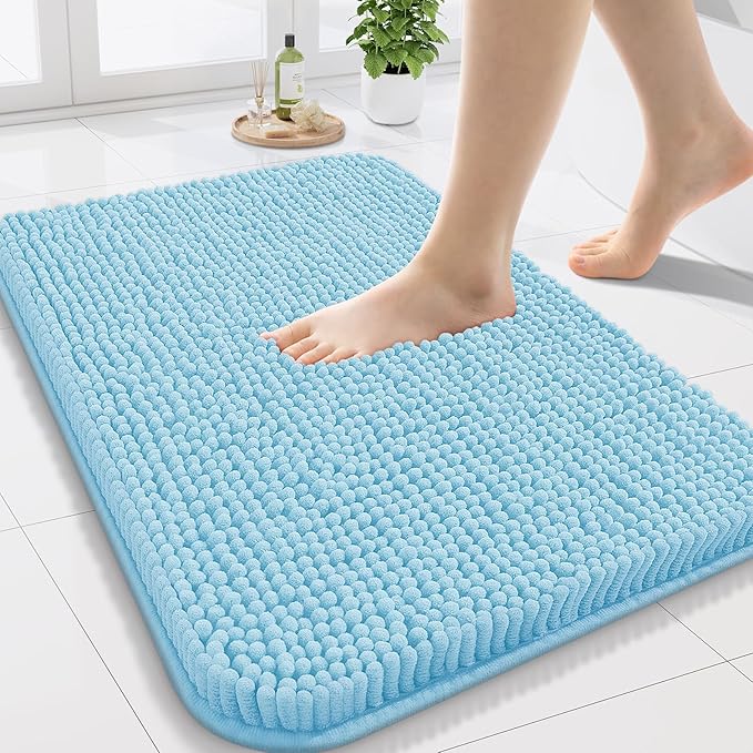 Arotive Bathroom Rugs 24x16, Extra Soft Absorbent Shaggy Chenille Bath Rugs, Machine Washable Rubber Backing Non-Slip Bath Mats for Bathroom Floor Tub and Shower, Home Decor Accessories,Sky Blue