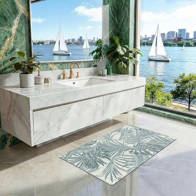 LUMI Ultra Thin Bath Mat, Super Absorbent Quick Dry Bathroom Rugs, Non-Slip Bathroom Mats, Marble Bathmats Fit Under Door, Bathtub, Sink, Shower Room, 17"x30", Teal Blue Leaf