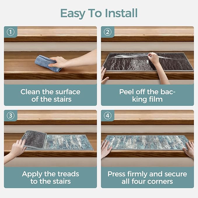 sarben Carpet Stair Treads Non Slip 15PCS, 8" X 30" Edging Stair Runner for Wooden Steps Indoor, Resistant Stair Rugs with Reusable TPE Adhesive Backing, Residue Free Mat for Kids, Elders, Pets, Teal
