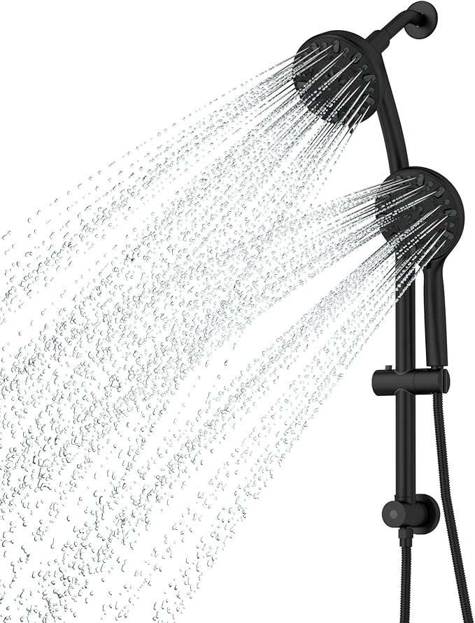 Lordear Rain Shower Head with Handheld Spray 7 Functions 3-Way Water Diverter Double Rain Hotel Spa Dual Bathroom Rain Shower Head Combo, Adjustable Sliding Bar,Black