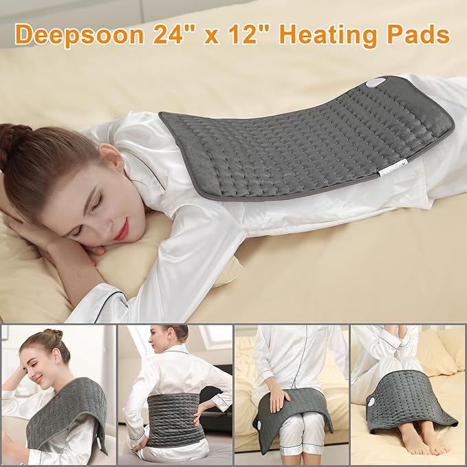 Deepsoon Heating Pad,Electric Heating Pads for Back,Neck,Moist Heating Pad for Abdomen Shoulder Knee Legs,Dry/Moist Heat&Auto Shut Off,Mother's Day Birthday for Men and Women,Dark Gray,24x12 Inch