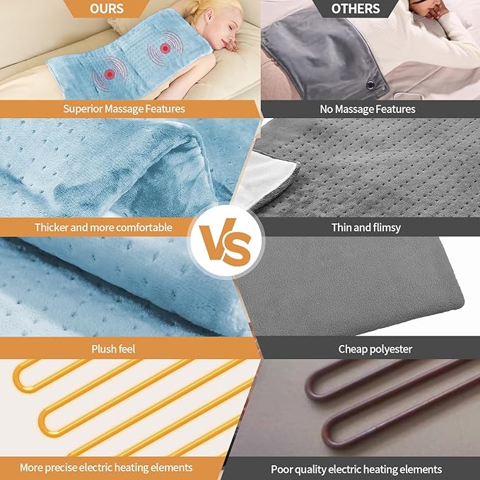 SAROO Heating Pad for Back Pain Relief,Massaging Weighted Heating Pads for Neck, Shoulder,Cramp,Portable Heated Pad with 3 Heat Settings & 6 Massage,18 Relaxing Combinations,Auto Off,12"*24",Sky Blue