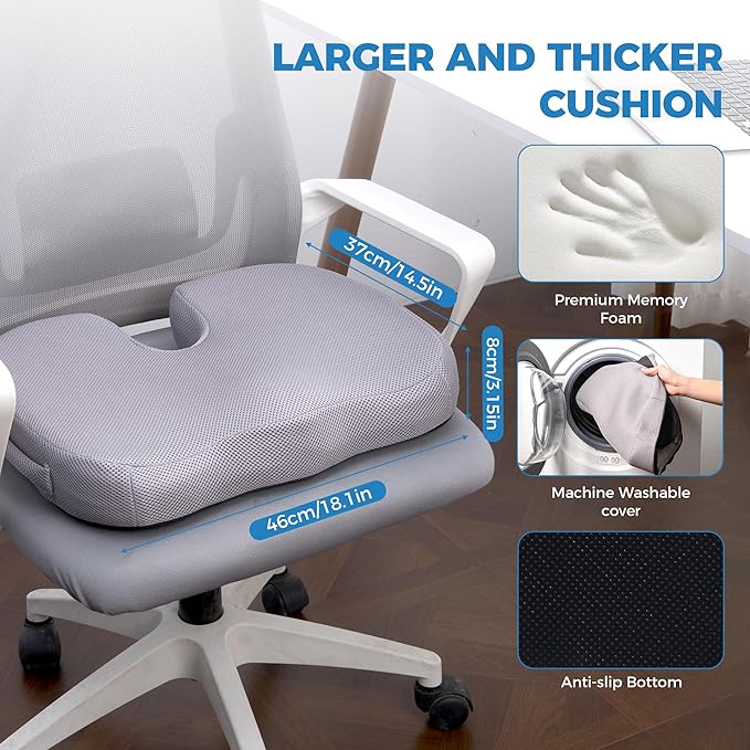 Extra Large Memory Foam Seat Cushions for Office Chairs, Car, Airplane, Wheelchair– Relieves Lumbar, Orthopedic, Sciatic, Coccyx and Back Pain – Comfortable Non-Slip – Bonus Carry Bag Included (Gray)