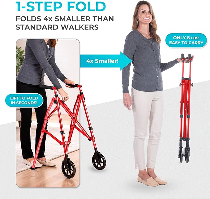 Stander Space Saver Walker, Lightweight Folding Rolling Mobility Aid for Seniors & Adults, Compact 2-Wheel Disability Device with 6-inch Wheels & Ski Glides for Walking Support, Sport Red