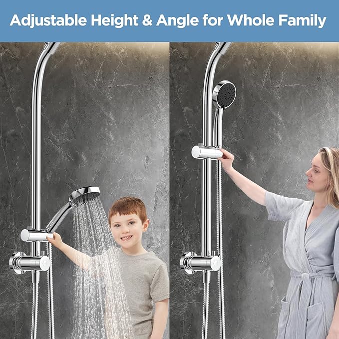 MakeFit Drill-free Dual Shower Head with Handheld Combo Rainfall Shower Head Easy Reach 3-way Diverter Stainless Steel Slide Bar with Height Adjustable Holder Adjustable Rain Showerhead (Chrome)