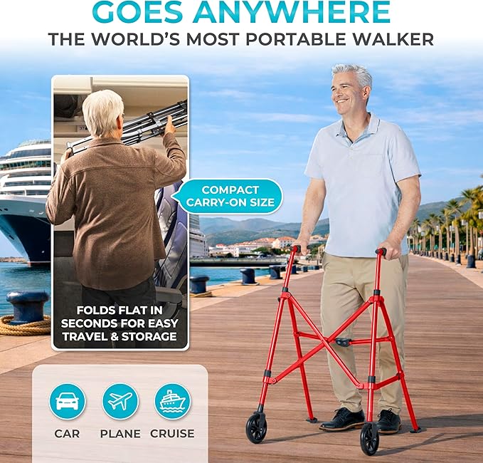 Stander Space Saver Walker, Lightweight Folding Rolling Mobility Aid for Seniors & Adults, Compact 2-Wheel Disability Device with 6-inch Wheels & Ski Glides for Walking Support, Sport Red