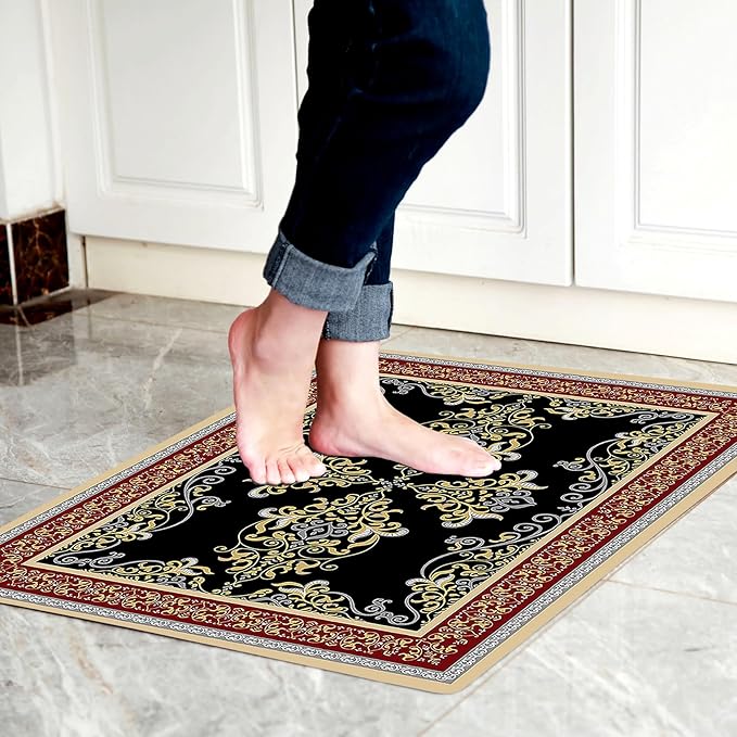 1/10 Inch Ultra Thin 24"×35" Large Front Door Mat Indoor Entrance Inside Non Slip, Waterproof Rubber Kitchen Mat and Interior Home Washable Door Mat, Boho Red