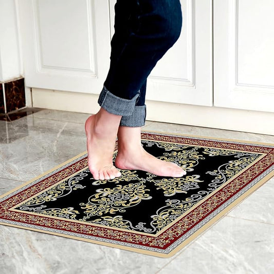 1/10 Inch Ultra Thin 24"×35" Large Front Door Mat Indoor Entrance Inside Non Slip, Waterproof Rubber Kitchen Mat and Interior Home Washable Door Mat, Boho Red