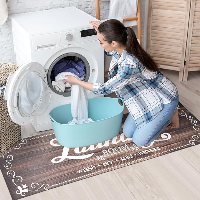 XLHOMO Laundry Room Rug Runner, 17"x60" Non Slip Brown Nappa Leather Laundry Rugs, Farmhouse Washable Floor Laundry Mats for Laundry Room, Kitchen, Washroom, Bathroom, Mudroom, Hallway Entryway Decor