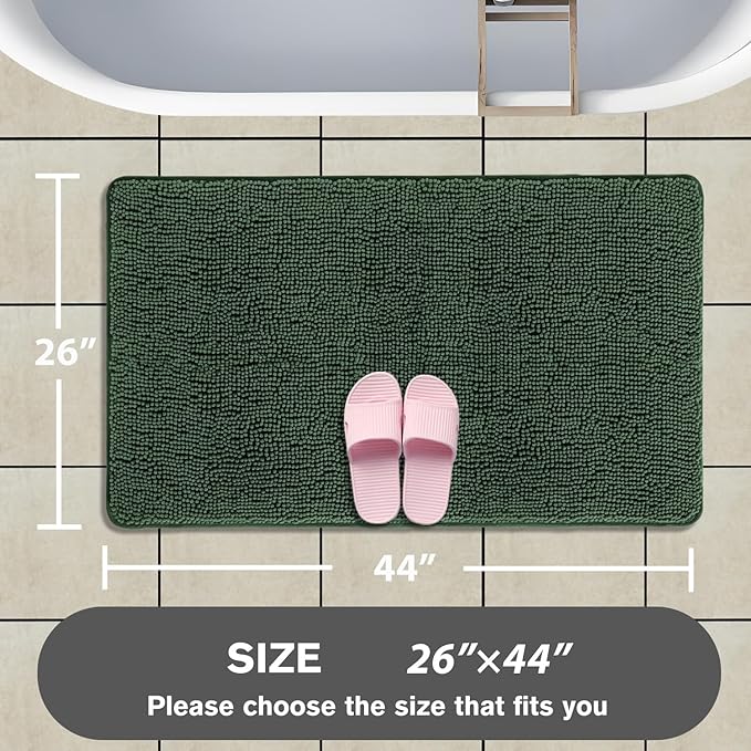 Hunter Green Bathroom Rugs – Absorbent and Washable Bath Mat, Non-Slip, Thick Soft Chenille Bath Rugs for Bathroom Floor, Shower, Sink - 26" x 44"