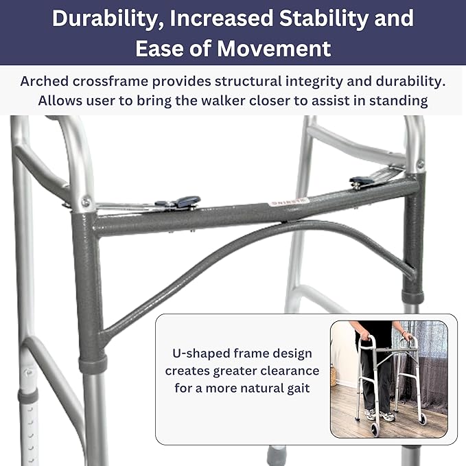 Foldable Lightweight Walker with 2 Wheels, Includes Ski Glides - Folding Design Ideal for Seniors and Elderly Adults - Adjustable for Tall Men and Women - Standing Handicap Mobility Aids