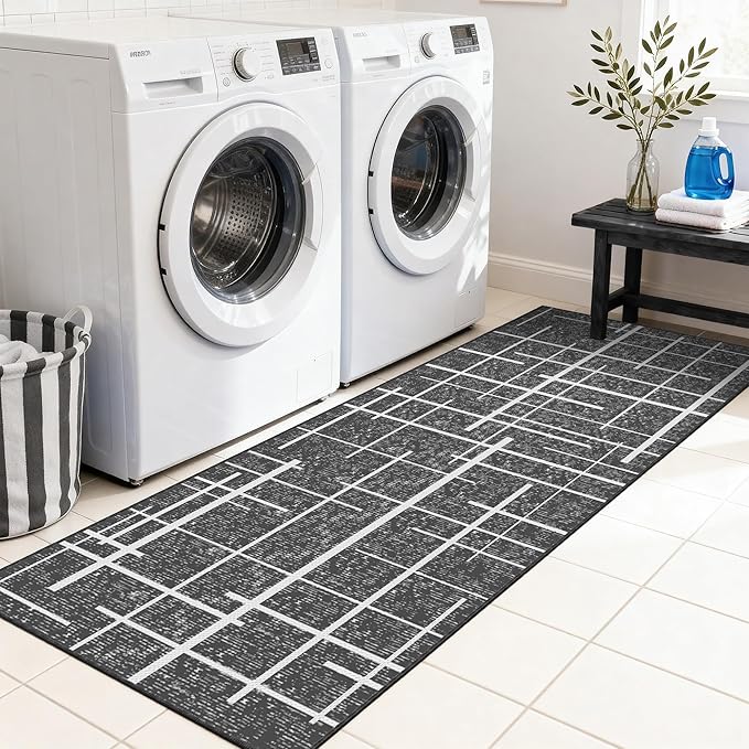 Washable Runner Rug 2x6, Gray Modern Distressed Stripe, Kitchen Runner Rug Non Slip, Woven Thin No Shed Runners for Entryway, Kitchen, Laundry Room- Gray
